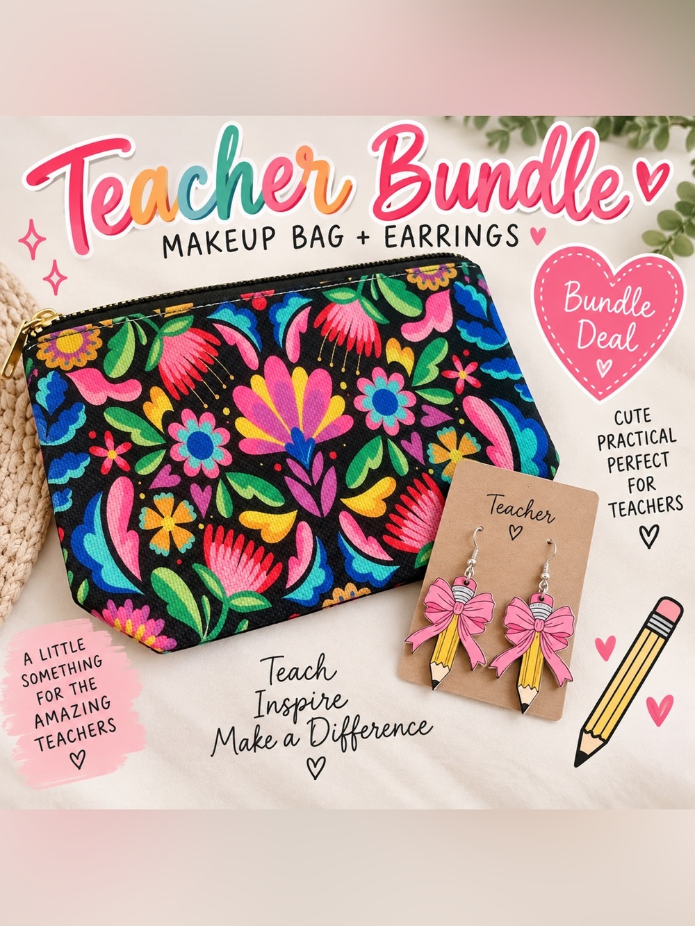 Floral Black Kids Makeup Bag & Pink Pencil Bow Earrings - Teacher Bundle